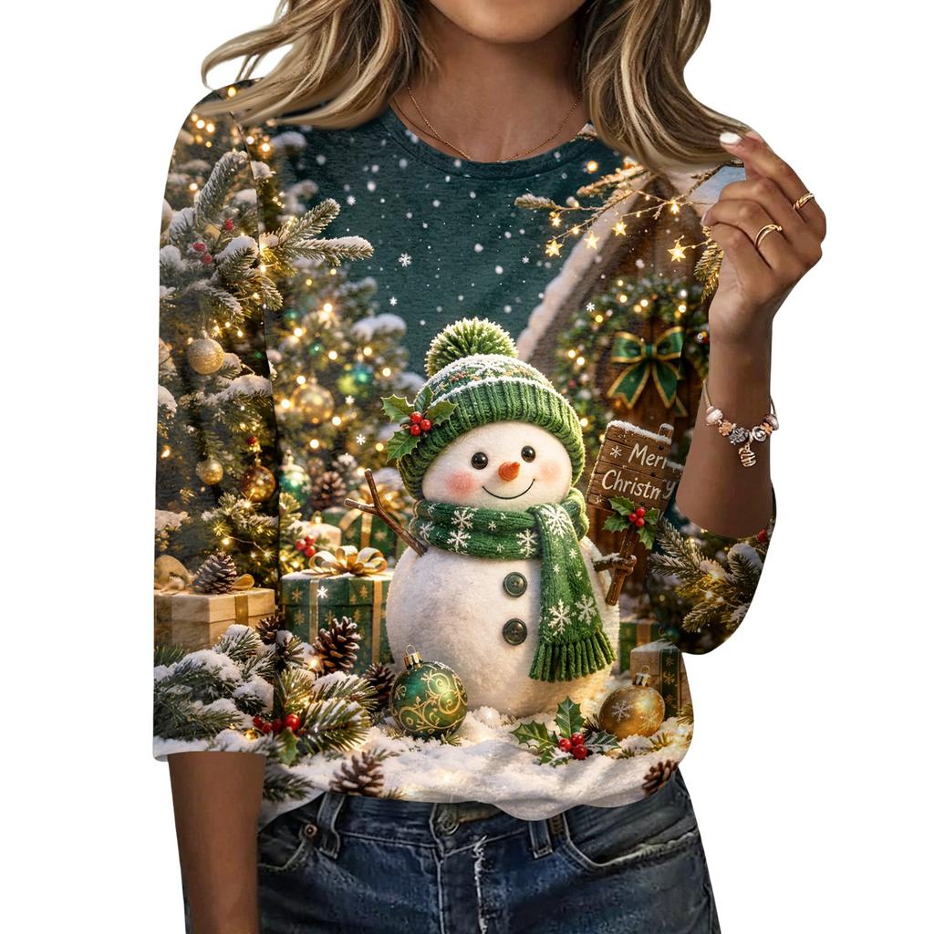 Women's Casual Christmas Print Neck Three-Quarter Sleeve T-Shirt for Holiday Party