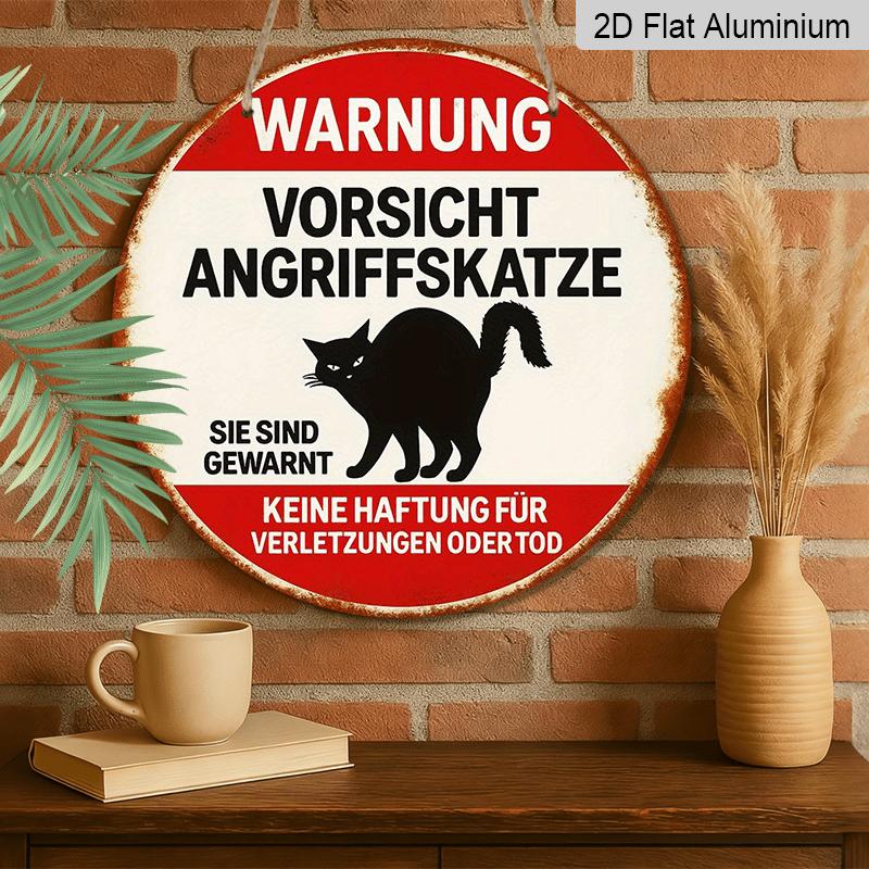 2D Flat, 1pc 7.87*7.87 Inch Round French Aluminum Sign, Retro Decorative Plaque about "Beware of Attacking Cat", "Cat Warning" Decorative Sign