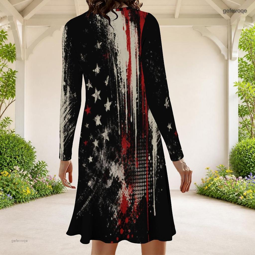Women Plus Size Long Sleeve Round Neck Abstract Printed Black A Line Midi Dress