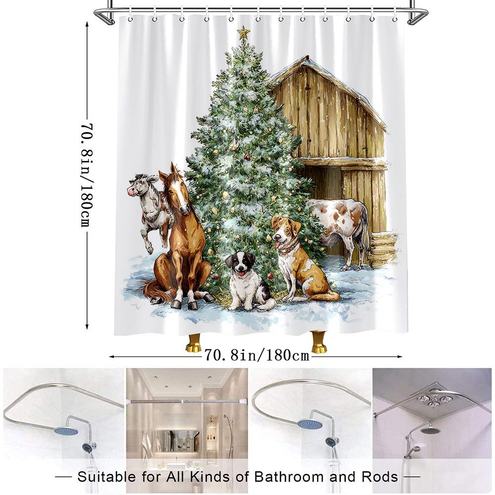 1pc Rustic Farmhouse Christmas Shower Curtain - Vintage Barn Style with Horse, Dog, Cow & Pig Design, 70.8x70.8 Inch, Machine Wa