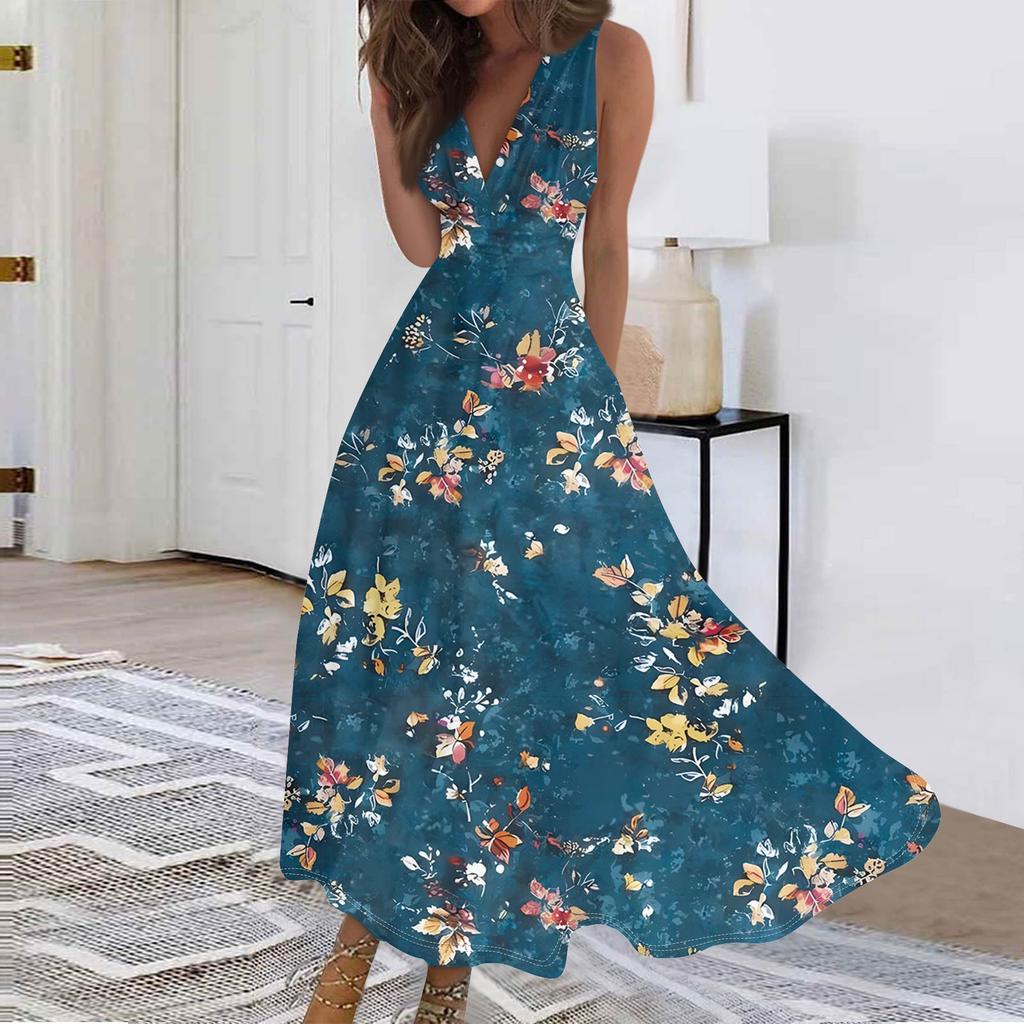 Women's Fashion Casual Loose V-Neck Sleeveless Printed Dresses