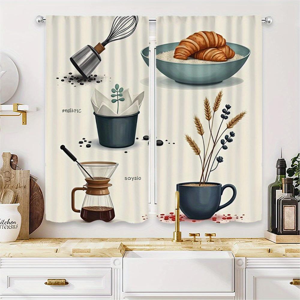 2Pcs Elegant Floral And Coffee-Themed Curtains - Semi-Transparent Polyester, Rod Pocket Design, Machine Washable, Perfect For Li