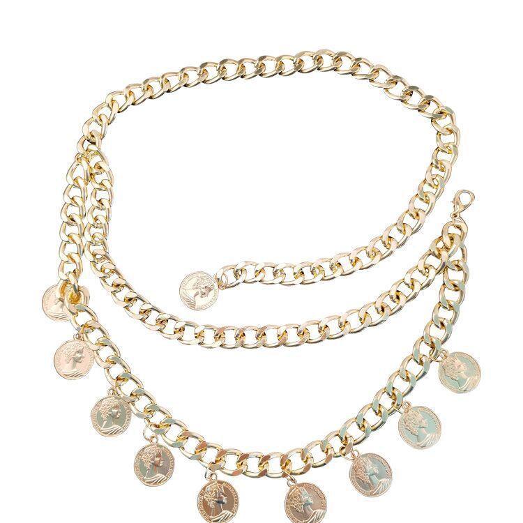 

Queen Portrait Metal Waist Chain For Women Fashionable Gold Punk Style Summer Accessory золотой