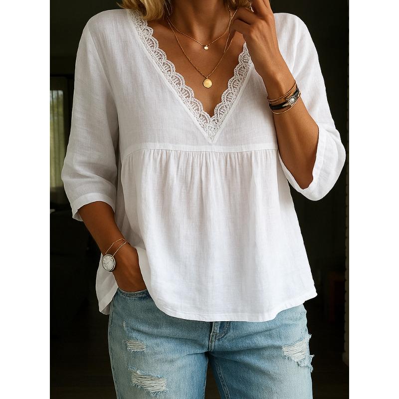 TIFICY Women's Fashion Casual Summer Spring Solid Color Print 3/4 Sleeves V-Neck Blouses & Shirts