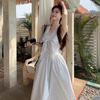 Gentle Wind Striped Bow Neck V-neck Dress Women's Summer Seaside Vacation A-shaped Dress French Temperament Long Dress