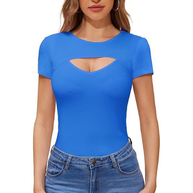 New Fashion Spring and Summer Sexy Hollow Threaded T-Shirt Top Casual Crew Neck Short Sleeve Women