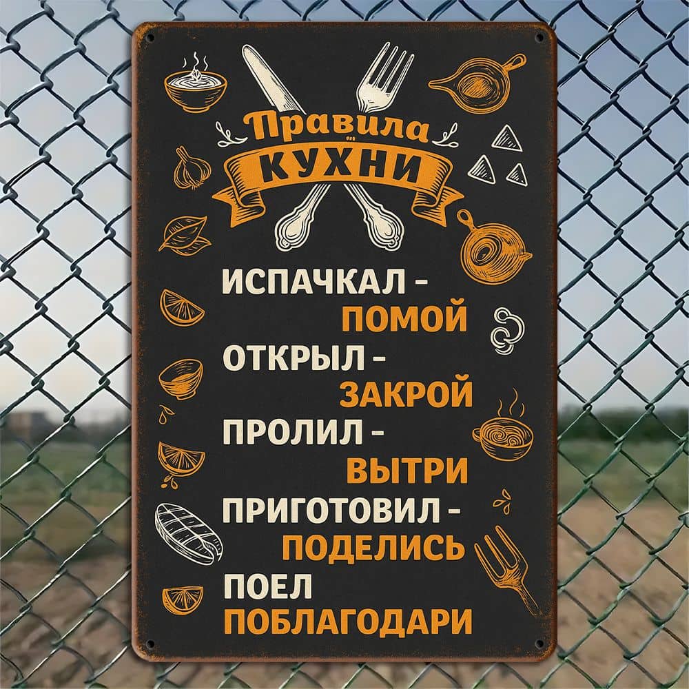 

Винтажная русская металлическая табличка Правила кухни . чистый