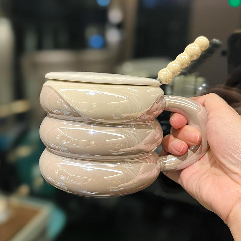 Niche Design Pearlescent Glaze Macron Ceramic Mug With Lid Spoon Milk Fufu Household Water Cup Coffee Cup