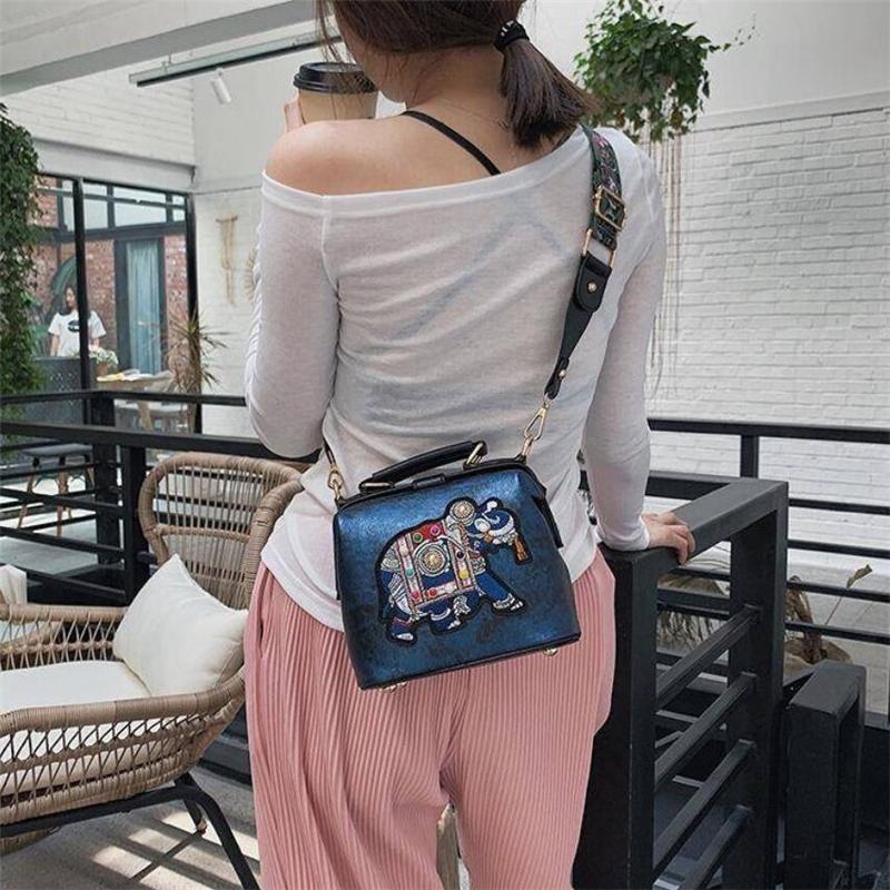 Tote Damenhandtaschen, Stickerei, Elefanten-Tasche, Taschen, böhmische Damen-Schulter-Crossbody-Tasche, weiches PU-Leder, breiter Schmetterlingsriemen