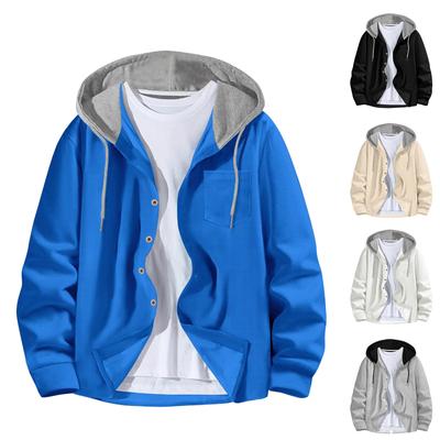 Men'S Fashionable Color Blocked Buckle Hooded Casual Cardigan Jacket