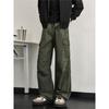 American retro washed and old overalls men's spring and autumn tide niche loose straight wide-leg pants pocket paratrooper pants