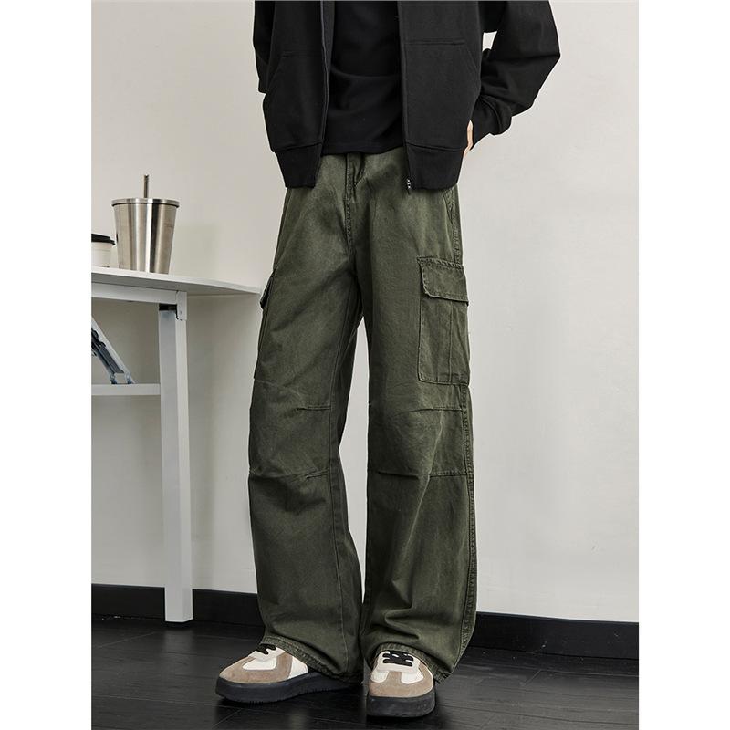 American retro washed and old overalls men's spring and autumn tide niche loose straight wide-leg pants pocket paratrooper pants