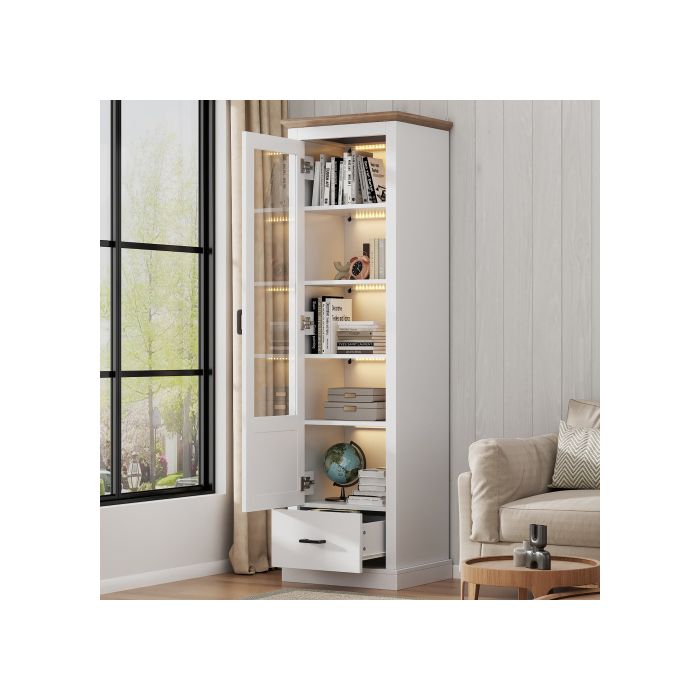 Vitrine Moderne - MUVOE - 178 Cm - Éclairage LED - 5 Compartiments - Bois Naturel