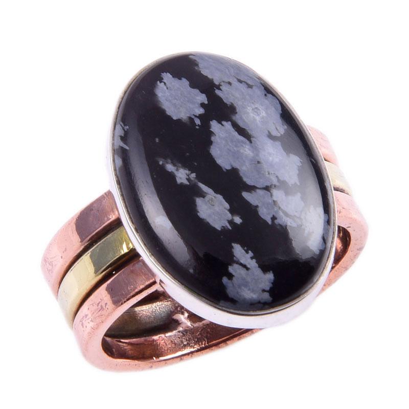 Natural Snowflake Obsidian Gemstone 925 Sterling Silver Two Tone Ring S.6 Q2q36