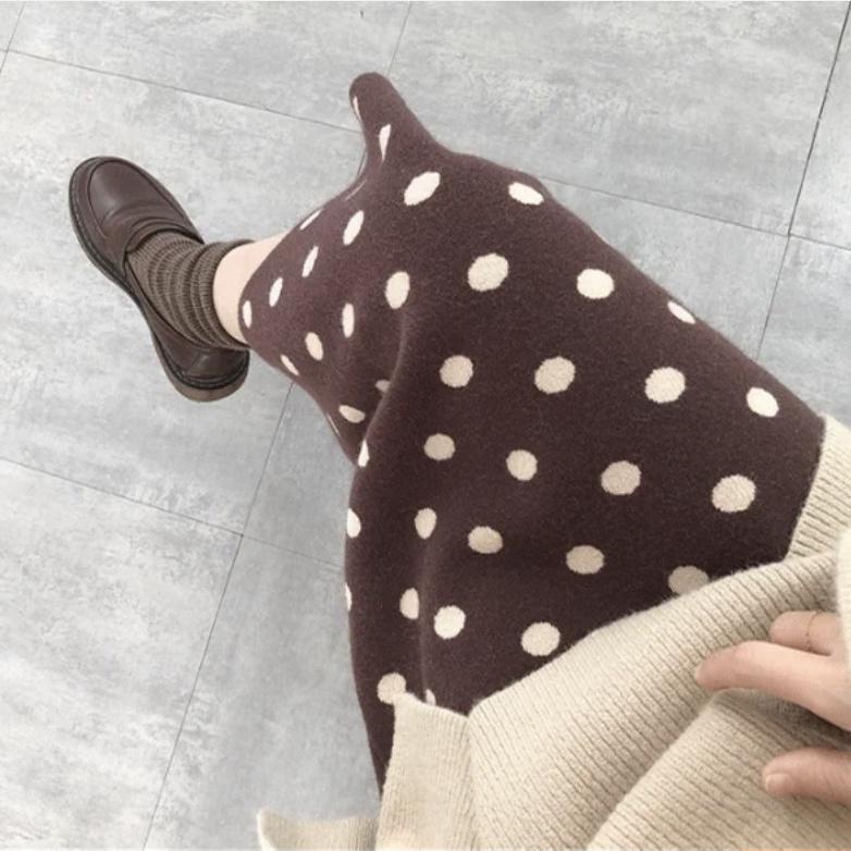 Pencil Skirt Women's Fashionable Polka Dot Knitted Midi Skirt High Waist Slim-Fitting Thickened Slit Skirt