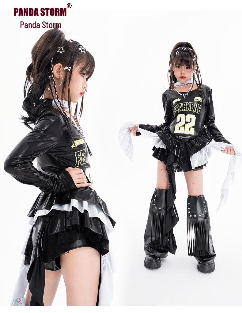 Girls' Trendy Jazz Hip Hop Dance Outfit - Long Sleeve T-shirt & Trousers for Street Dance Performance