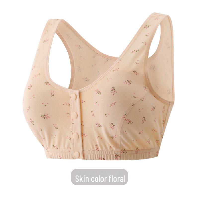 Zhangyan Pastoral Style Pure Cotton Bra: Large Cup, Front Buckle, Wide Back, Comfortable & Breathable for Middle-Aged and Elderly.