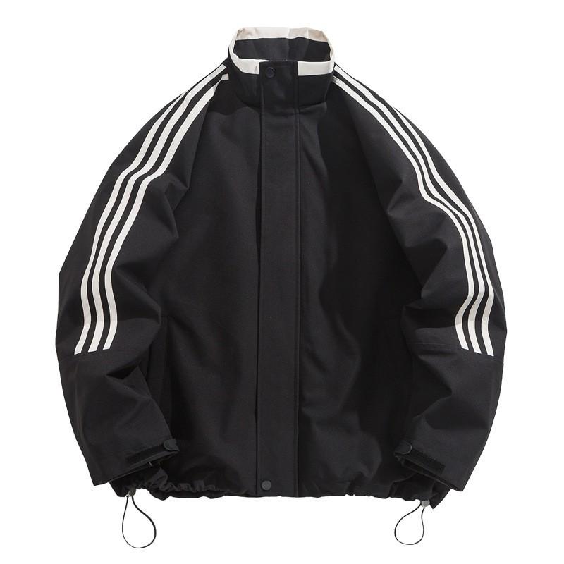 Unisex Retro Three Stripes Stand Collar Windbreaker - Trendy Loose Fit Jacket for Spring/Autumn Streetwear