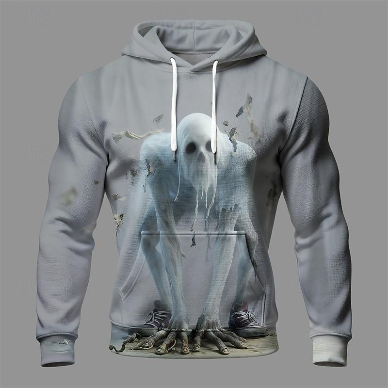 Halloween Men's Monster Hoodie Fashion Daily Hooded Vacation Party Streetwear Gray Drawstring Pocket Printing Fall Winter Designer