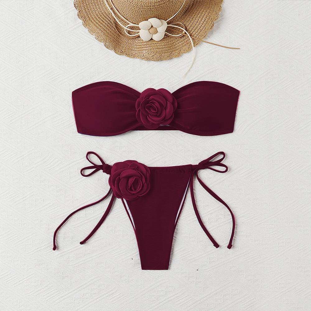 European and American Solid Color Rose Tube Top Bikini Drawstring Strap Split Swimsuit