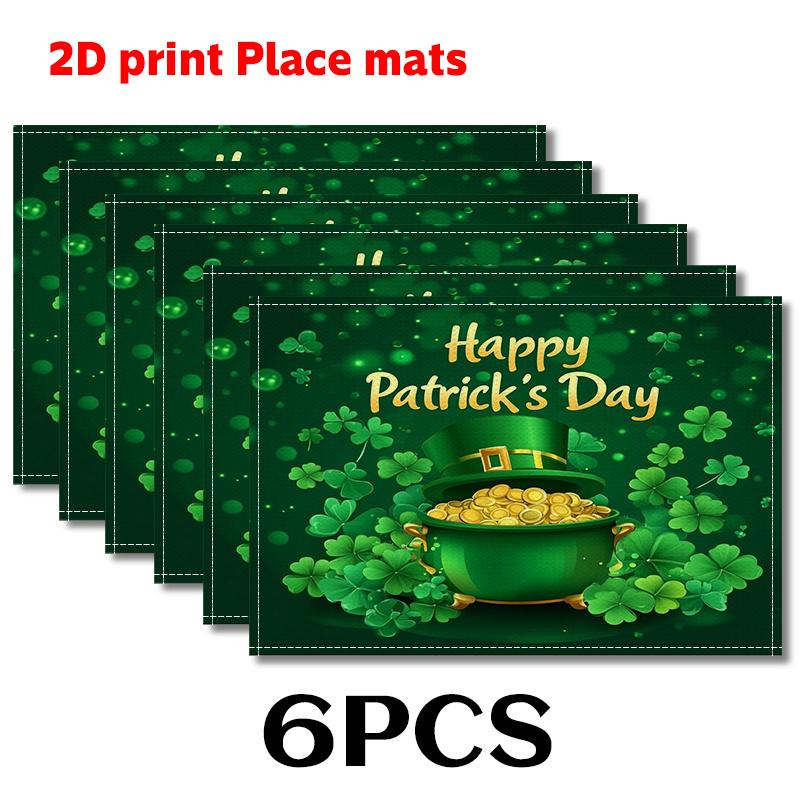 

St Patricks Day Placemats Set Of 2 Linen Fabric Green Clover Gold Coins Lucky Charm Holiday Table Mats Party Decor Kitchen 4Pcs-30X45cm(12X18in