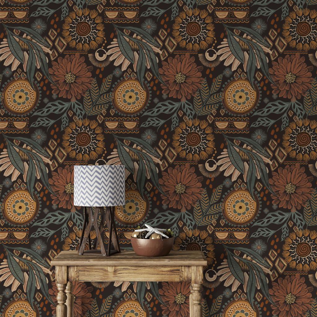 1pc Peel And Stick Boho Floral Wallpaper,For Bedroom Wall Decorative Mural,Self Adhesive Removable Contact Paper For Cabinets