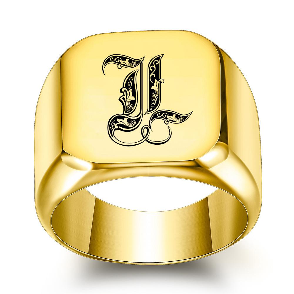 Europe, America 26 personalized English initials titanium steel ring male retro punk square 14MM gold trendy male wholesale