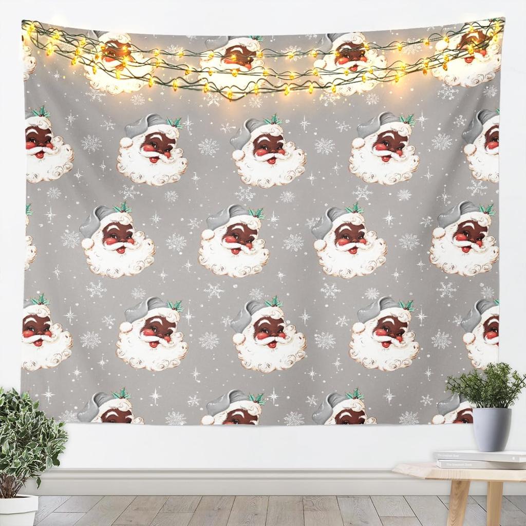 Black Santa Claus Tapestry Afro African American Wall Art Merry Christmas Wall Hanging Blanket for Living Room Bedroom Home