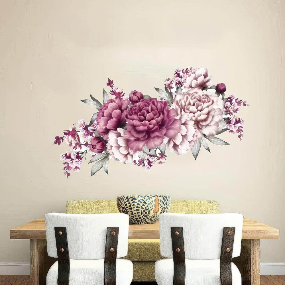 Self-adhesive PVC Wall Stickers Modern Peony Rose Watercolor Blooming Flowers for Living Room Decor