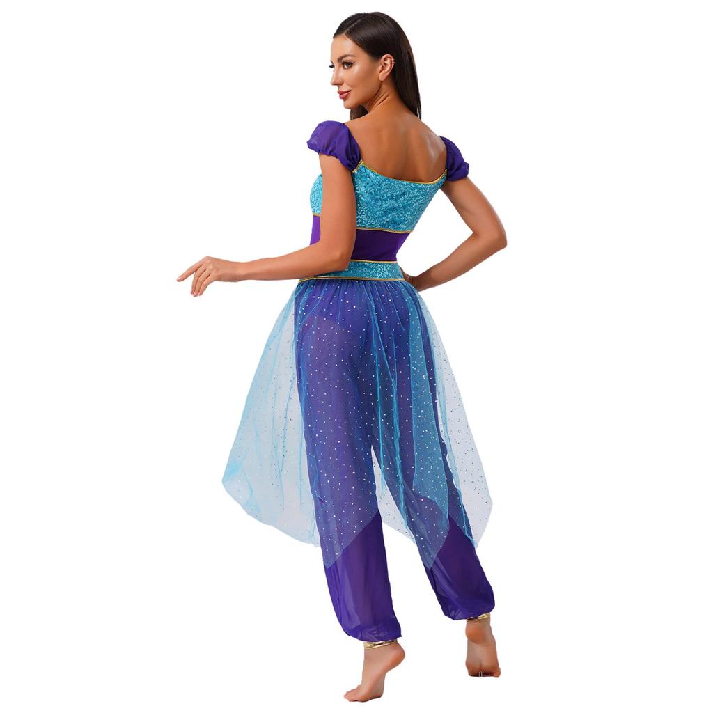 Womens Arab Princess Costume Contrast Color Gem Decor Sequined Tulle Overlay Sleeveless Jumpsuit Belly Dance Romper