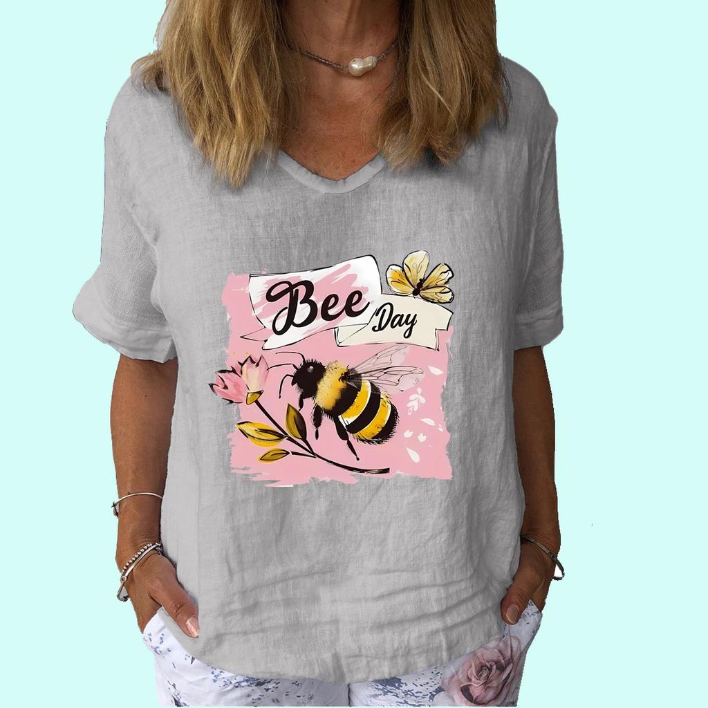 Dámská móda Top s krátkým rukávem Letní ležérní tričko s výstřihem do V Dámské potištěné bavlněné lněné tričko