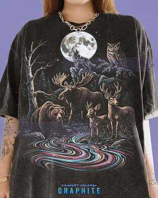 Wildlife Nature Animal Lover Hunter Moose Bear Comfort Colors® Tshirt, Wolf Owl Deer Full Moon Vintage Bootleg 90s Graphic Tee