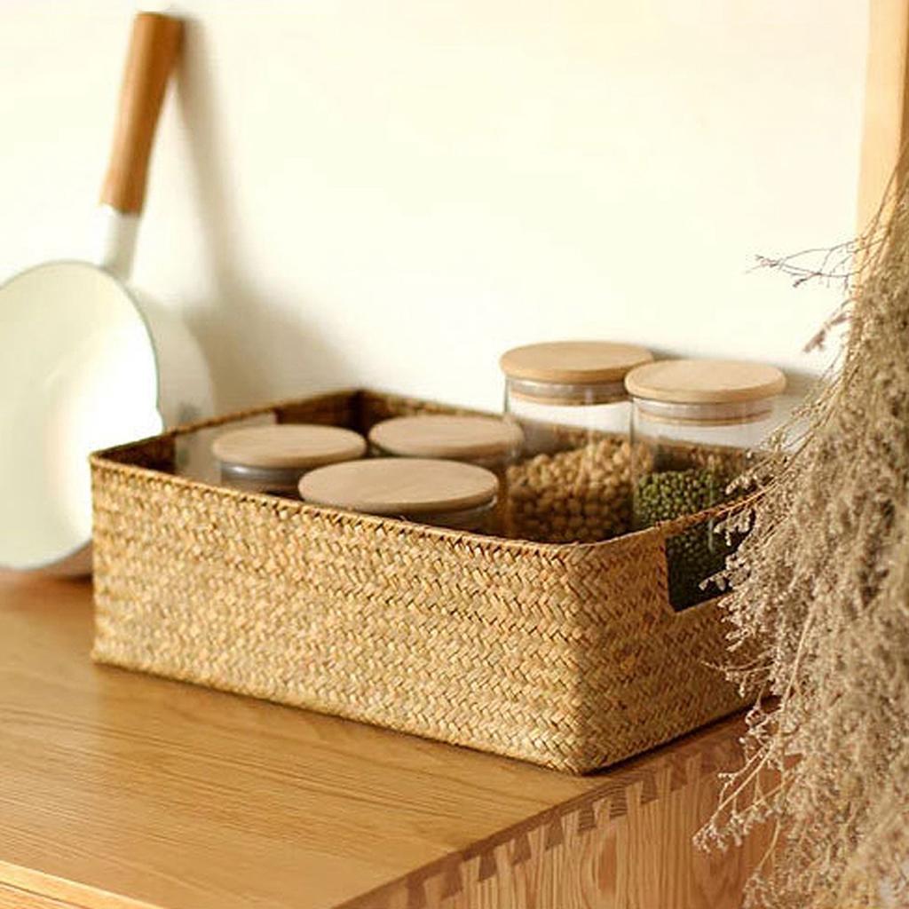 Woven Wicker Basket Seaweed Storage Baskets Rattan Basket Organizer with Handle Sundries Storage Boxes Panier De Rangement