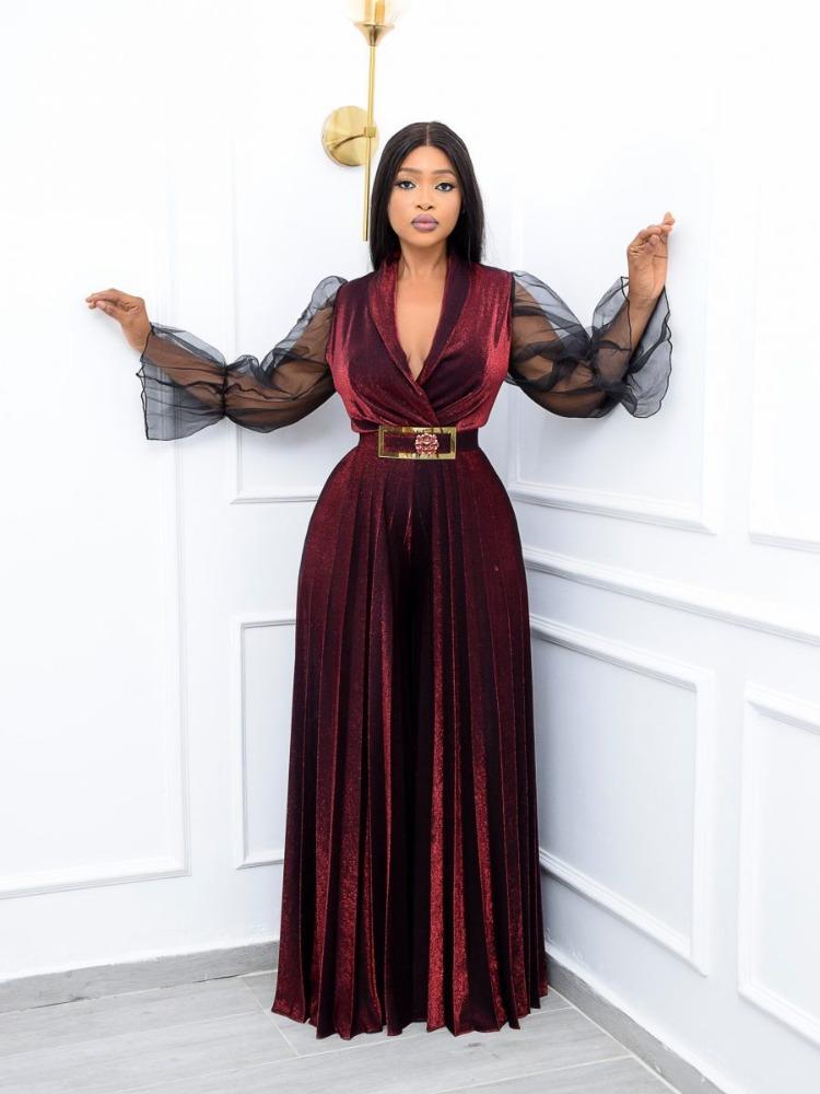 Plussstørrelse Dame Fløyel Jumpsuits Skinne lange ermer Plisserte bukser med vidde ben One Piece Antrekk Vintage Elegante festbukser