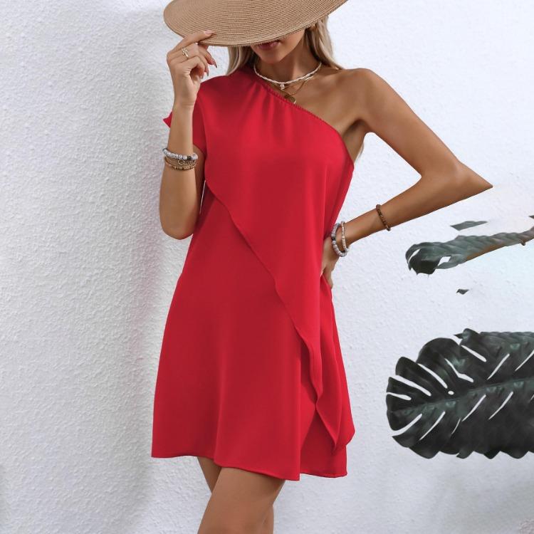 Summer Women Loose High Waist Sleeveless Midi Dress Slanted Shoulder Single Sleeve Solid Color Fake Two Piece Casual Fashion Dress S-XL Spring