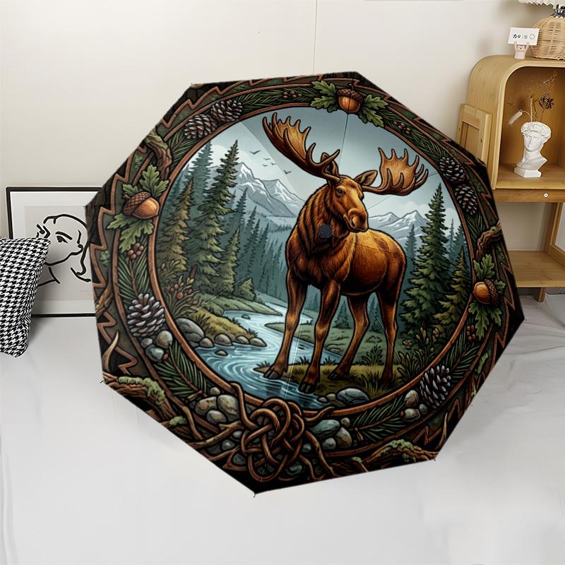 Moose Forest Frame pattern umbrella, portable and foldable design, 8 ribs, a casual accessory for Halloween, Christmas, and birthday gifts.