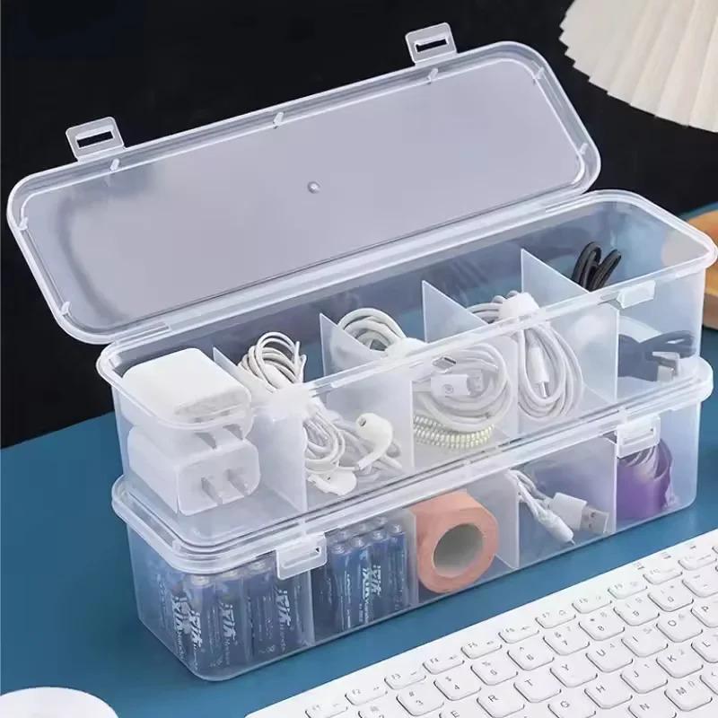 Transparent cable storage box, compartment organizer with lid, dust-proof tidy for use in office and home
