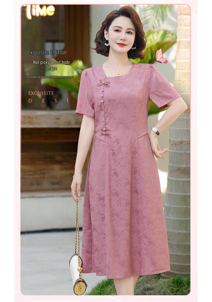 New Summer Jacquard Mid-Length Dress, Short Sleeve, Chinese Style, for Young and Middle-Aged Women