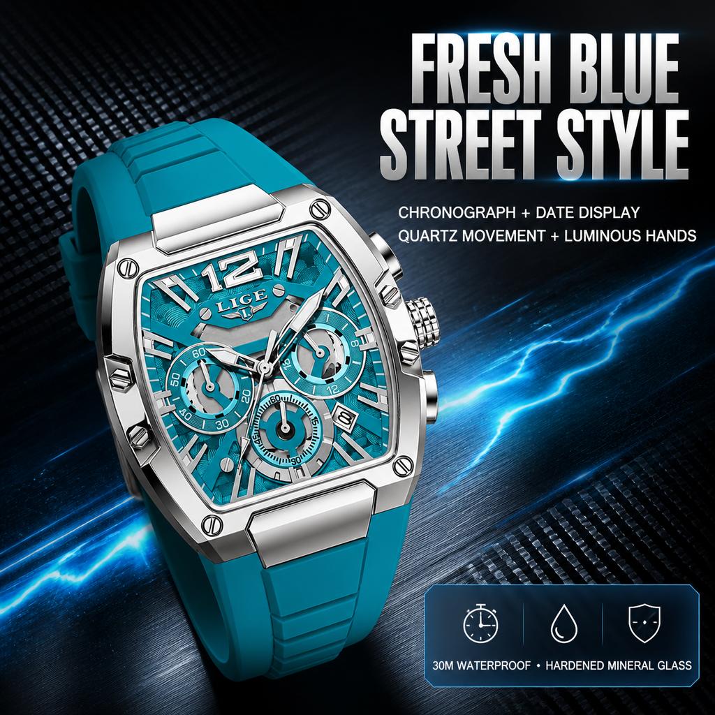 LIGE Men Square Chronograph Watch Quartz Wristwatch Silicone Strap Luminous Date Waterproof Sport Male Clock Relogio Masculino