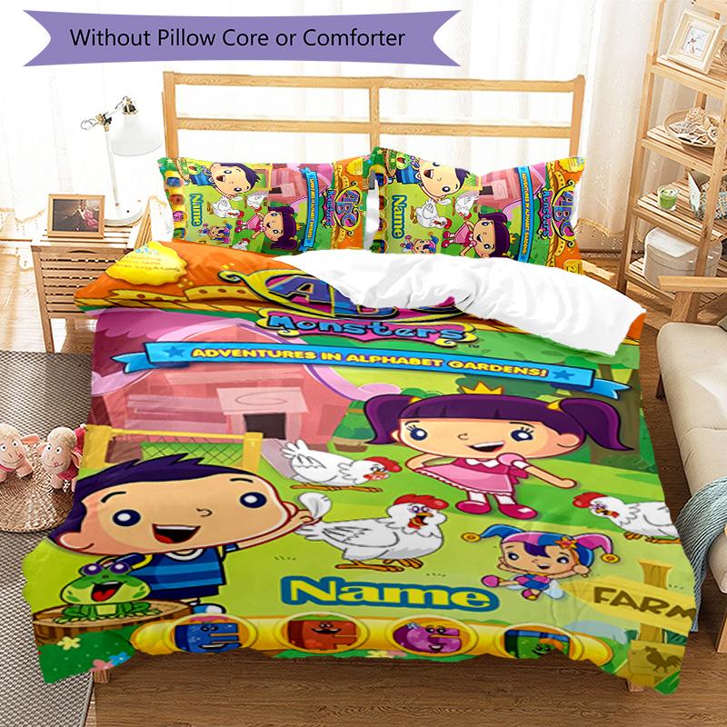 3pcs Custom Name ABC Monsters Bedding Set Duvet Cover Closure Includes 1 Duvet Cover & 2 Pillowcases for All Seasons Bedroom Decor