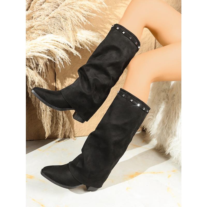 Pointed Toe Plus-size Pleated Sleeve Mid-heel Trouser Boots 2025 Winter New British-style High Boots for Women