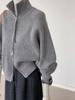 Damen Grauer Strick-Cardigan mit hohem Kragen und doppeltem Reißverschluss - Locker, dick, Frühlingsstil