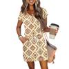 Women's Summer V-Neck Casual Short Sleeve Drawstring With Pocket Vintage Floral Dresses