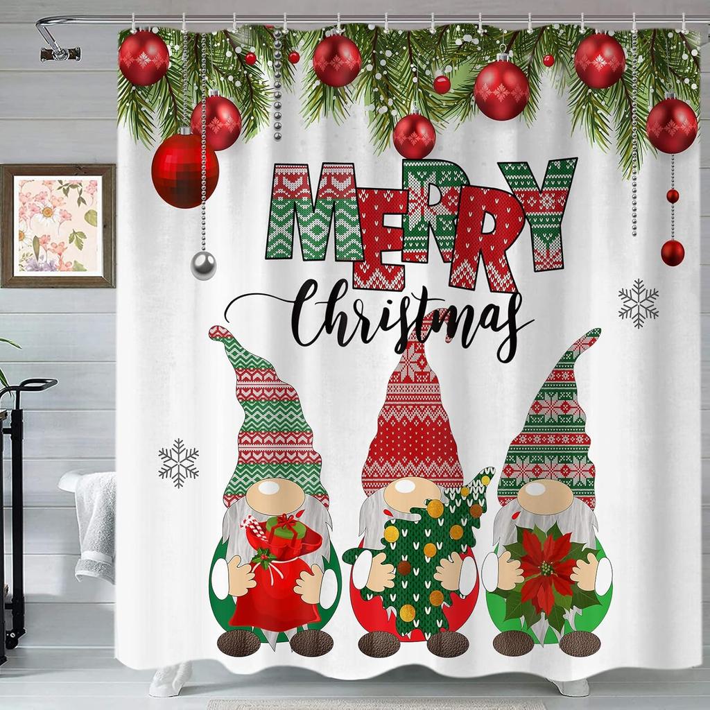 Christmas Gnomes Shower Curtain, Xmas Holiday Cute Gnome Fabric Shower Curtains Set for Bathroom Decoration with Hooks Merry