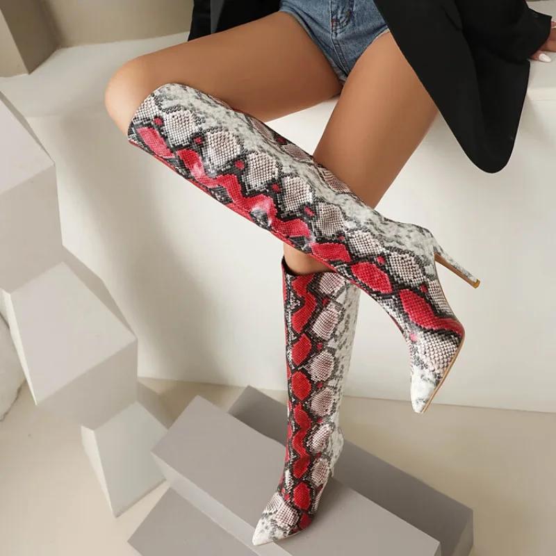 Fashion Serpentine Mixed Color 10cm Slim High Heels Knee High Boots European American Fashion Pointed Spicy Girl Women Boots Size 34-46
