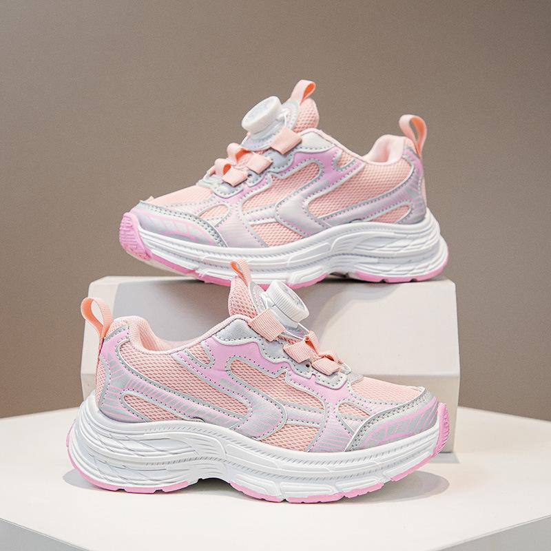Kids Rotating Buckle Breathable Mesh Color Block Thick Sole Casual Daily Sneakers 26 розовый