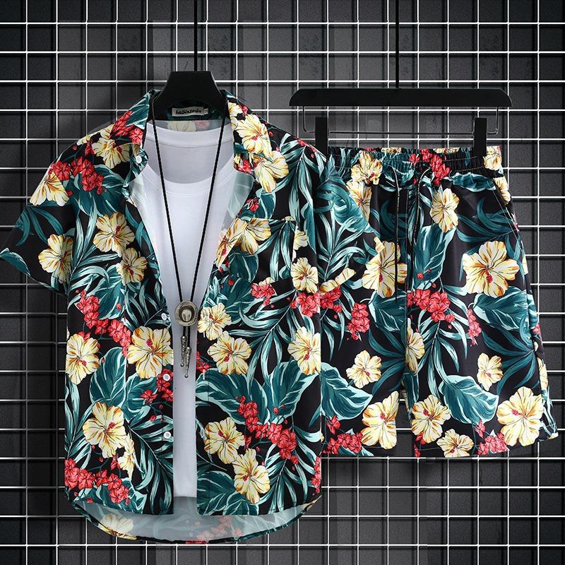 Hawaii Summer Men's Loose Large Size Beach Shirt Suit Vacation Casual Fashion Trendy Short-sleeved + Shorts