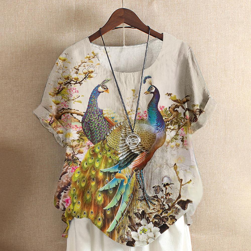 Harajuku Casual Short Sleeve Top Tee O Neck Oversized Female Clothing Women's T-Shirts Cute Animal Peacock 3d Print T-Shirt