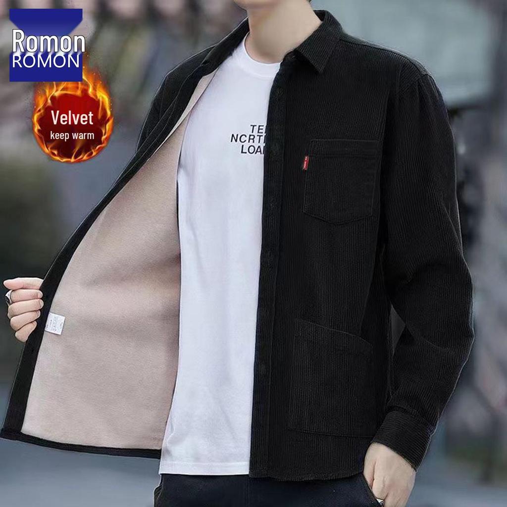 Romon Men's Fleece-Lined Corduroy Warm Shirt Jacket - Iron-Free Autumn/Winter Workwear