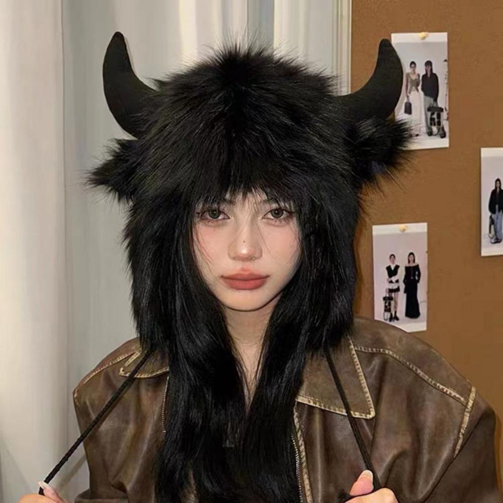 Black Bull Demon King Plush Pullover Hat Men's and Women's Autumn and Winter Plush Ear Protector Hat Thickened Warm and Cold Hat